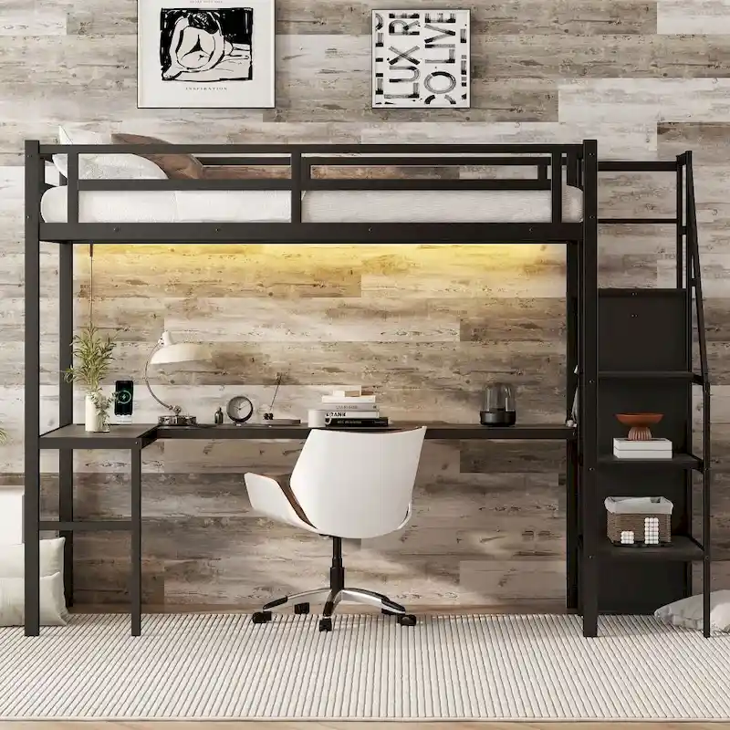 Metal Loft Bed with L-Shaped Desk and USB