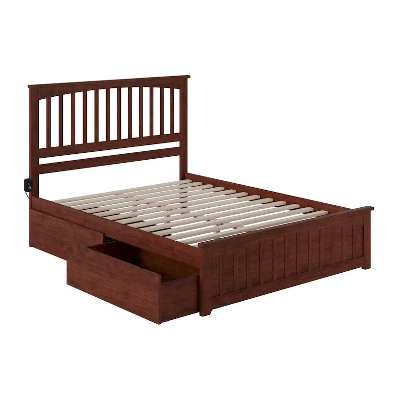 Mission Queen Platform Bed with 2 Bed Drawers in Walnut