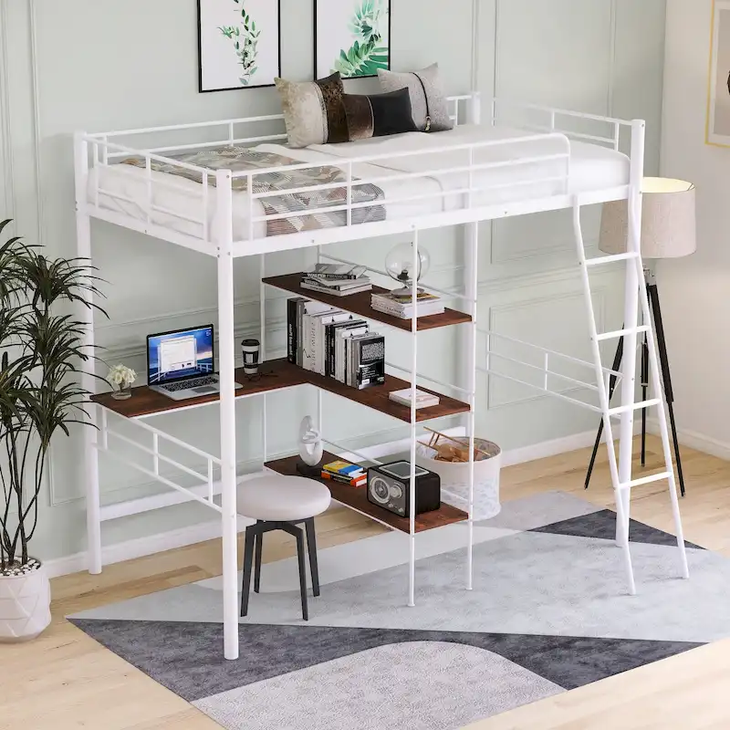 Twin Metal Loft Bed with Desk & Shelves