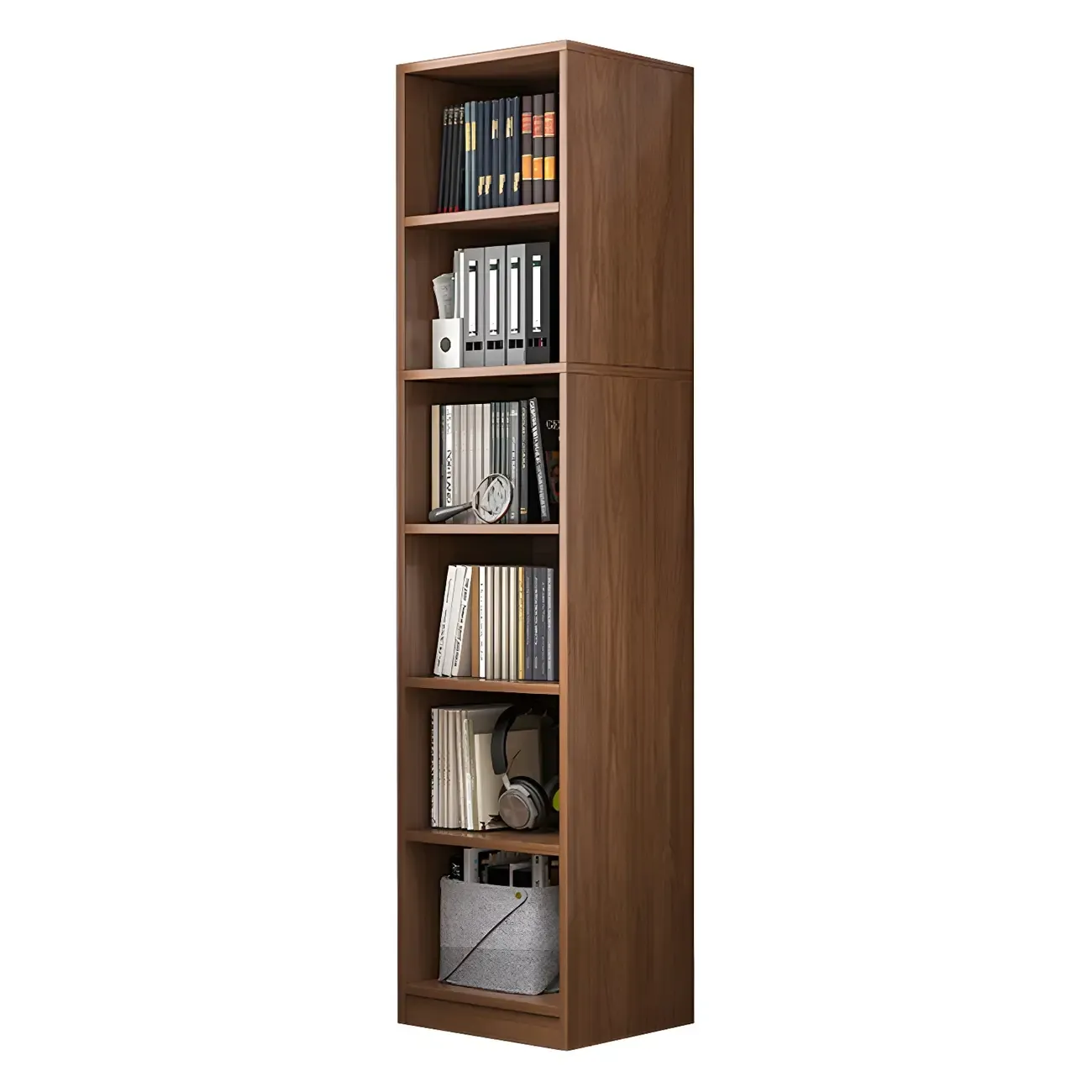Narrow Tall Brown Wood 6-Shelf Closed Back Bookcase