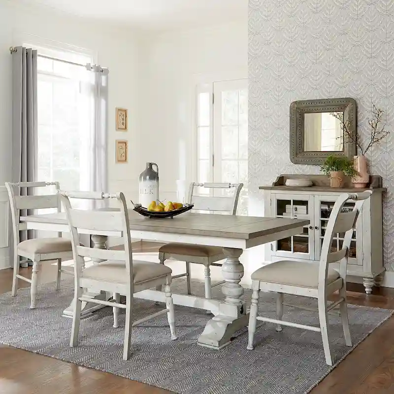 Whitney Antique Linen Weathered Gray 5 Piece Trestle Table Set
