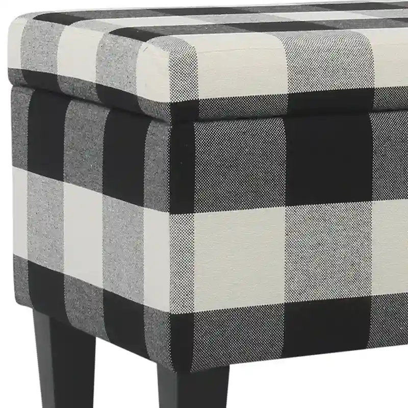Checkered Pattern Fabric Upholstered Storage Bench With Tapered Wood Legs, Large, Black and White