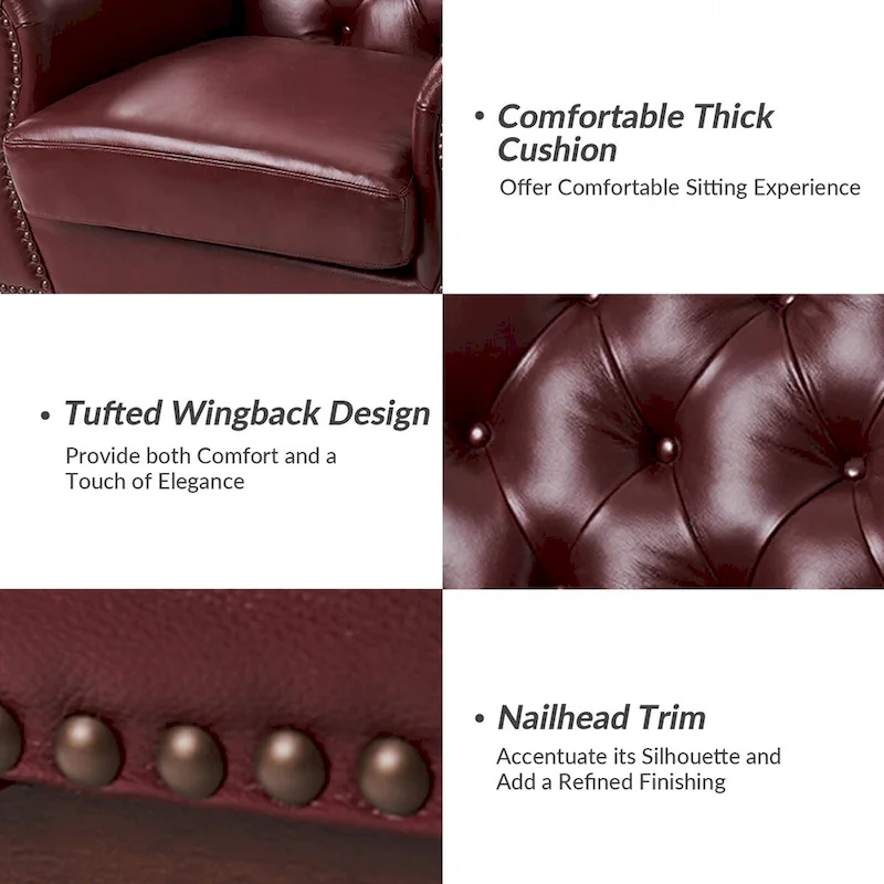 Traditional Genuine Leather Accent Chair with Tufted Wing Back