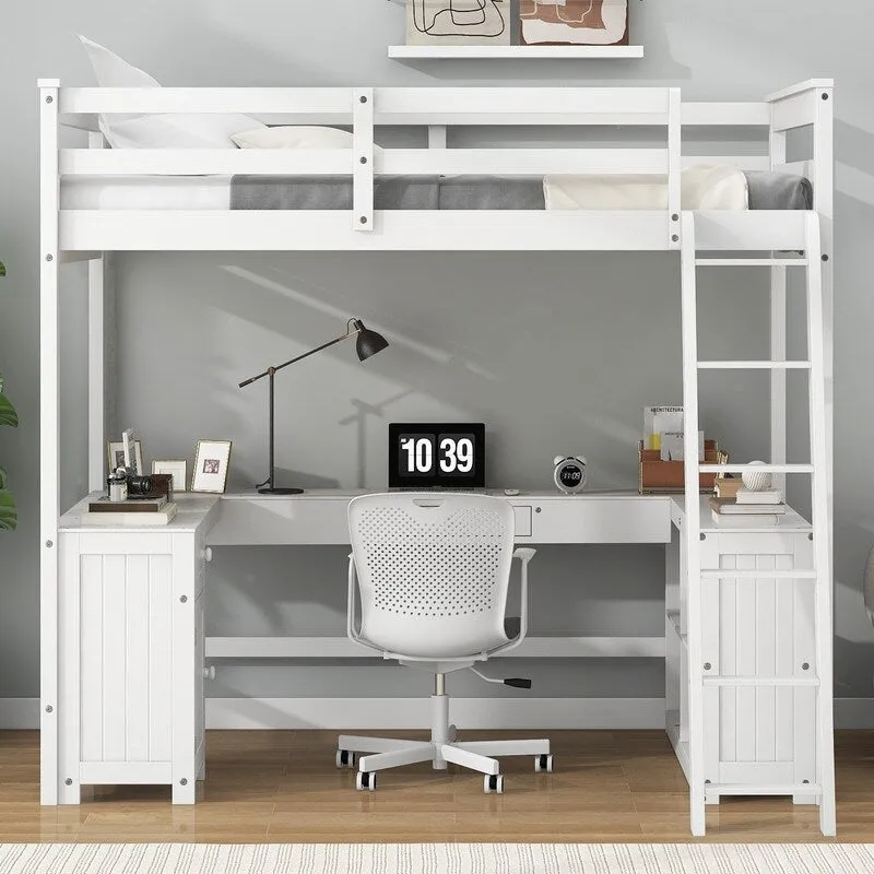 Full Size Loft Bed with U-shaped Desk, Cabinet and Storage Shelves