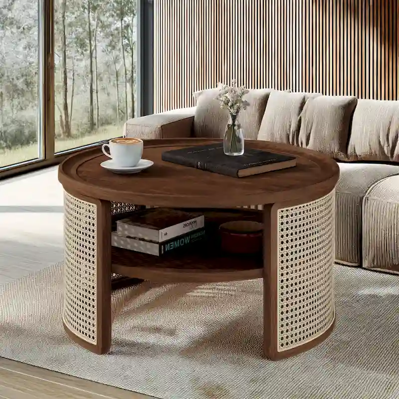 2-Tiered Round Walnut Wood Coffee Table