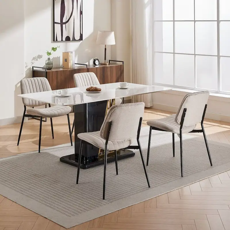 Retro Linen Dining Chairs Set of 2, Bentwood Back with Metal Legs