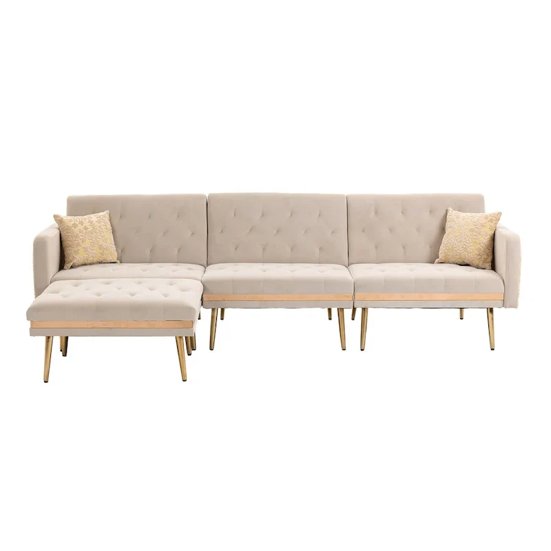 Polyester Upholstered Tufted Sleeper L-Shaped Sectional Sofa With Ottoman