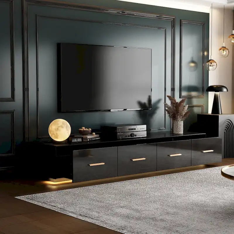 Black Entertainment Center Spacious Luxurious TV Stand Golden Accents - 70.9