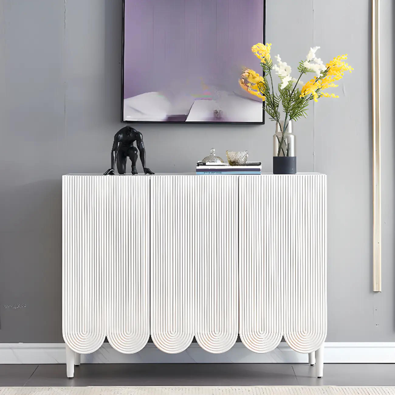 Modern White Wood Scalloped Adjustable Shelves Cabinet