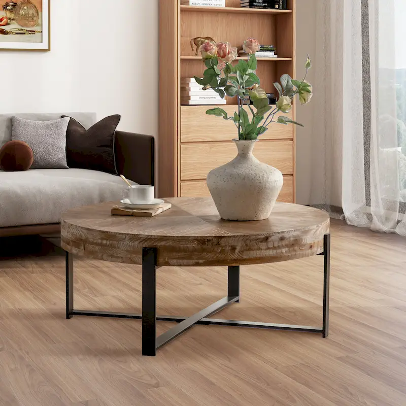 31W Round Coffee Table With Fir Wood Table Top and Metal Frame End Table