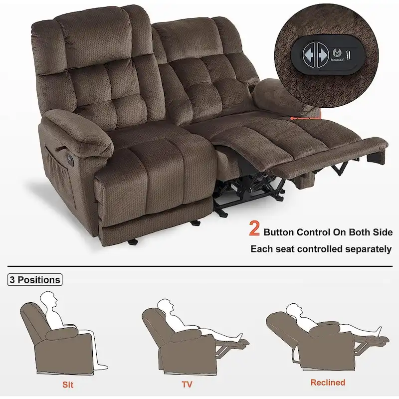 Power Reclining Loveseat, Red/Grey/Beige/Blue/Brown, Heat & Massage, Seats 2