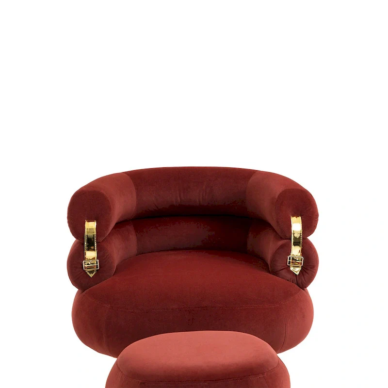 Wine Red Upholstered Barrel Chair with Ottoman and Metal Legs