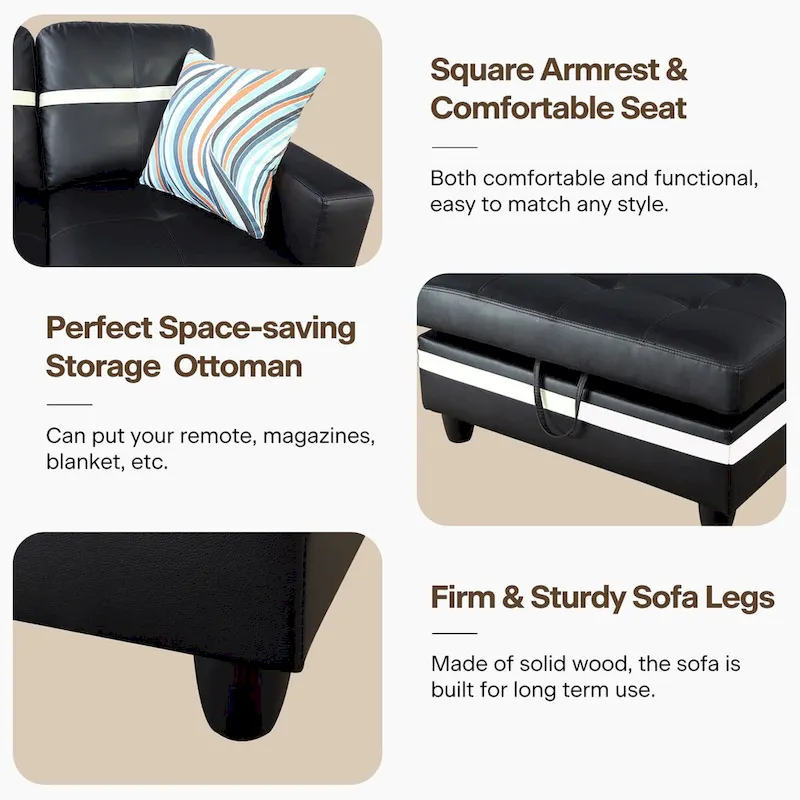 L-Shape Semi PU Leather Living Room Sofa Set with Ottoman,3-Piece