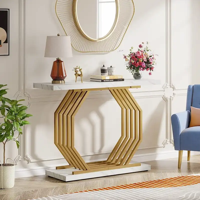 Gold Console Table, Faux Marble Entryway Table Narrow Sofa Table with Geometric Metal Base, 40 Inch Modern Accent Table