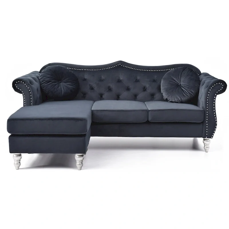 81 in. Velvet Chesterfield Sectional Sofa with 2-Throw Pillow - 81L x 35W x 34H