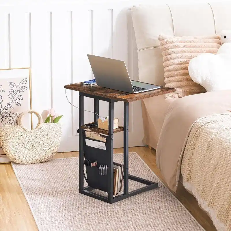 C-Shaped Side Table with Charging Station, Rustic Brown + Black, for 1 Person