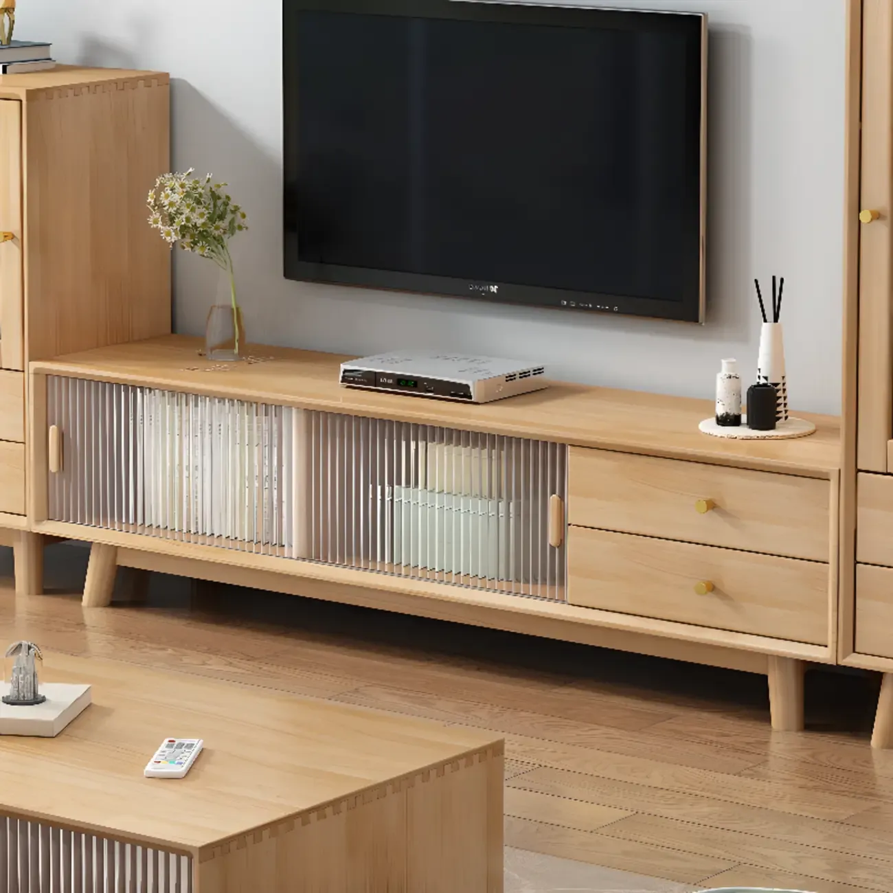 Durable Natural Wooden TV Stand with Cable Management