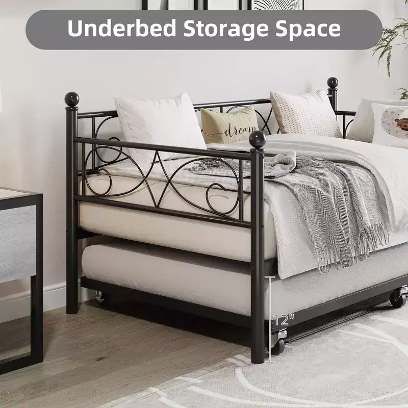Twin Daybed with Trundle Bed, Heavy Duty Metal Twin Bed Frame with Pull Out Trundle