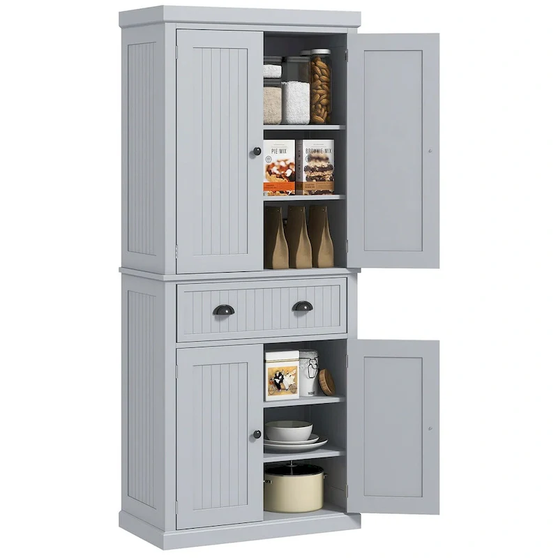 72 Kitchen Pantry Storage Cabinet, Traditional Freestanding Cabinet with 4 Doors and 3 Adjustable Shelves, Large Central Drawer