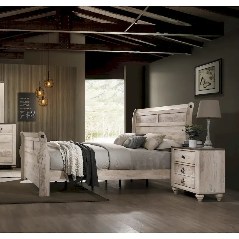 Roundhill Furniture Imerland Contemporary White Wash Finish 3-Piece Bedroom Set