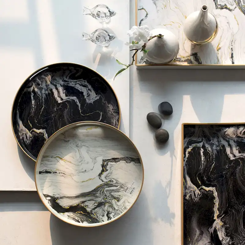 A&B Home Quinn Black and White Marble Rectangular Trays