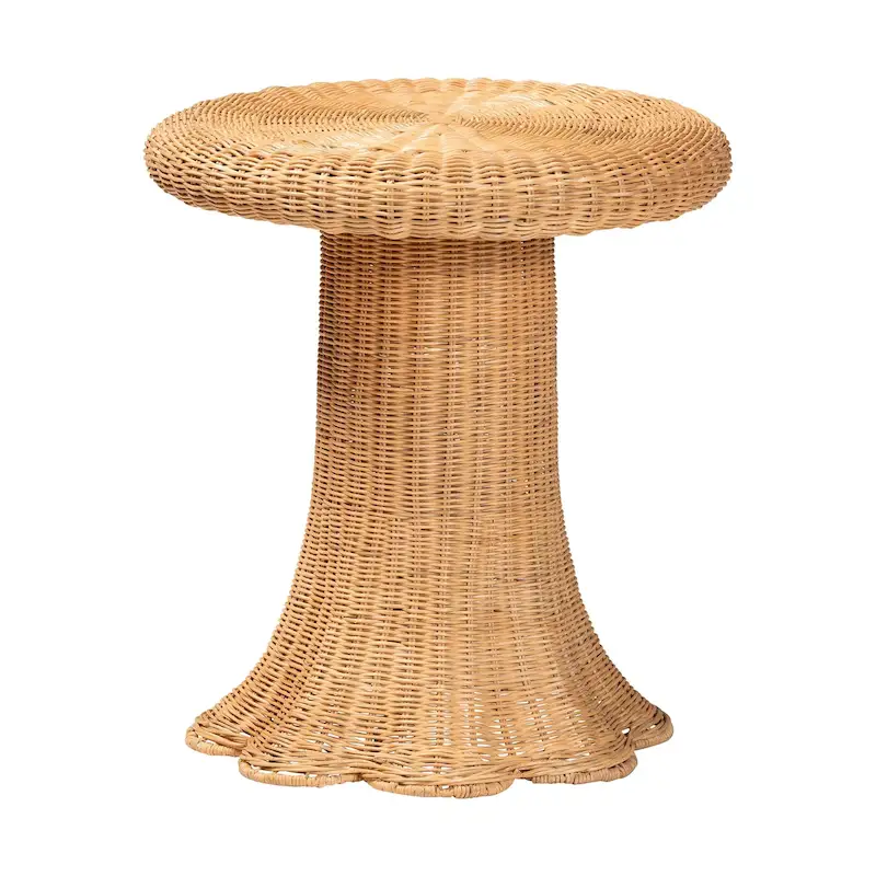 Avalon Scallop Natural Rattan Side Table - Handwoven Wicker Table with Skirted Base, Coastal Style for Living Room or Hallway