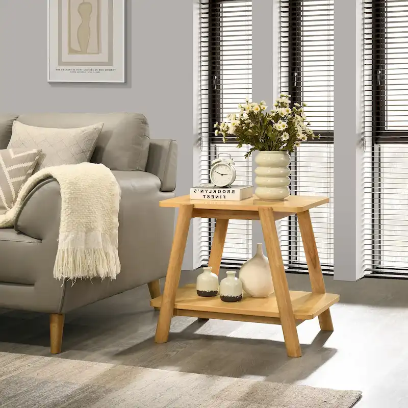 Mid-Century End Table - Wood, Sculptural Design, Storage Shelf, 26.77W x 21.65H