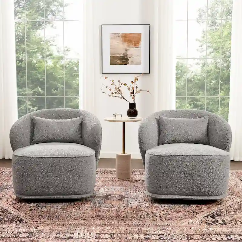 KINWELL 33 W Sherpa Boucle Upholstered Accent Swivel Chair (Set of 2)