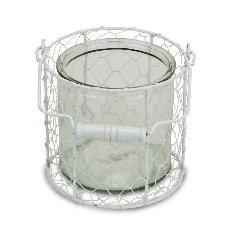 HomeRoots 5.25 White and Clear Wire Basket and Glass Jar - 5.25  H x 5.5  W x 5.5  D
