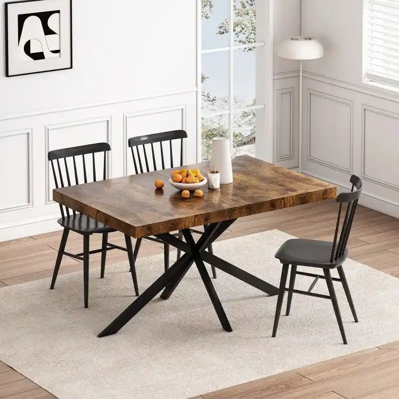 Grondin Retro Farmhouse Style 4-6 People Extendable Dining Table with X-Cross Metal Base and Storage Box