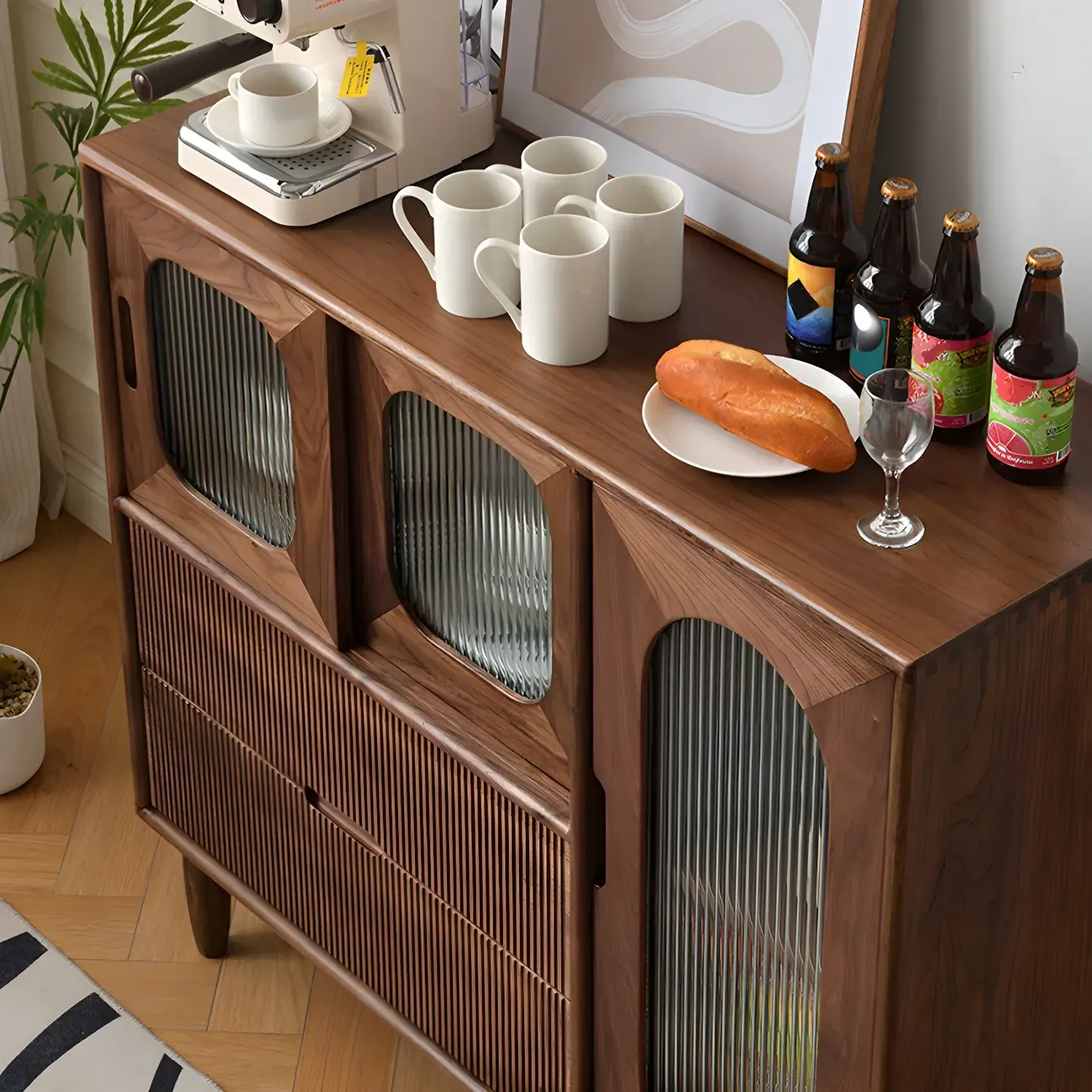 Walnut Wood Bottom Drawer Adjustable China Cabinet
