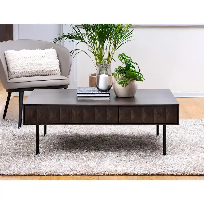 Modern Coffee Table - Espresso Oak Veneer, 2 Drawers, Matte Black Metal Base, 46W x 16.5H