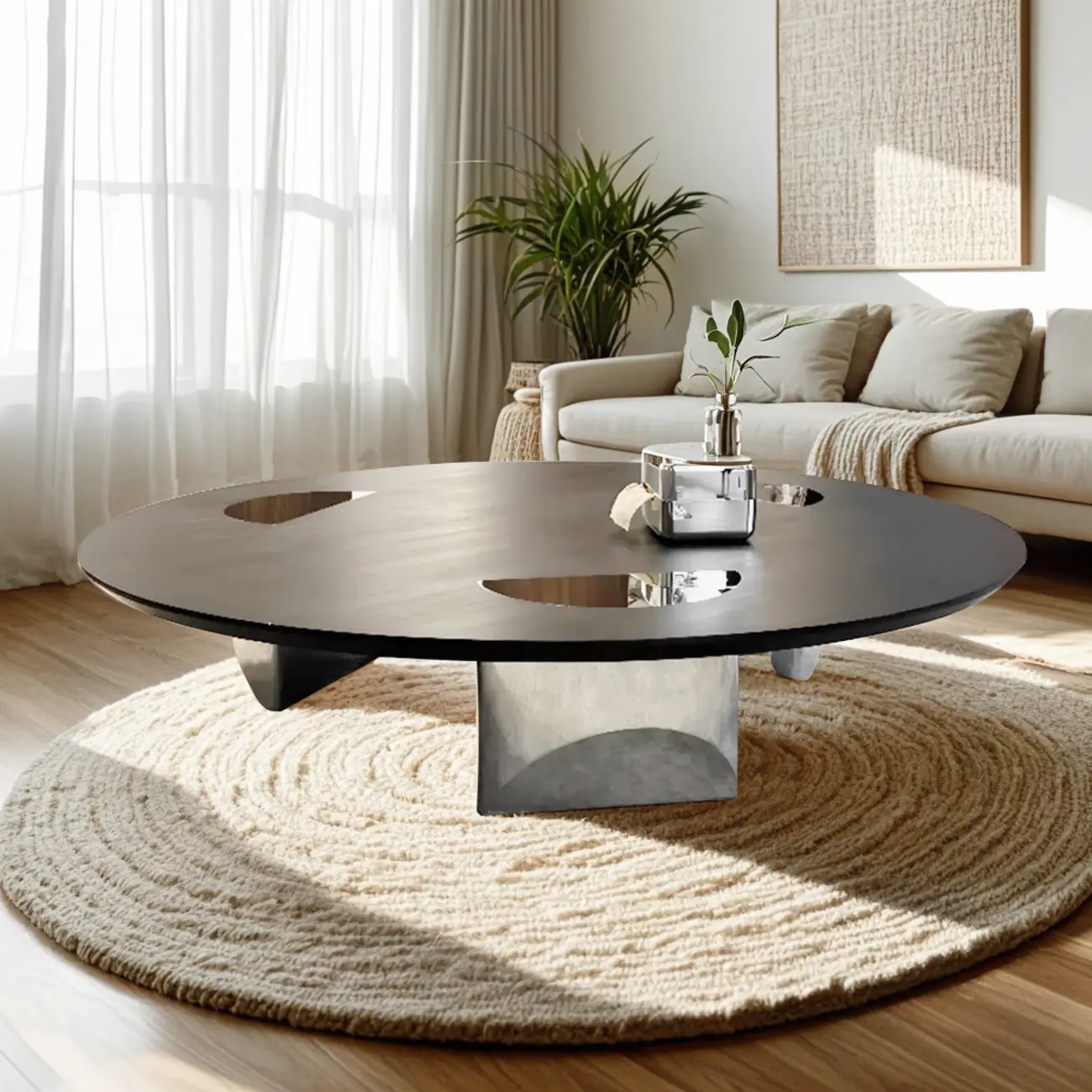 Glam Wood Black Round Table with Abstract Tripod Base