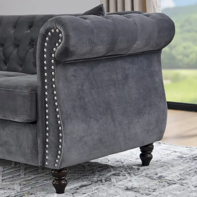Velvet Chesterfield Loveseat Sofa, Rolled Arms, Nailhead Trim