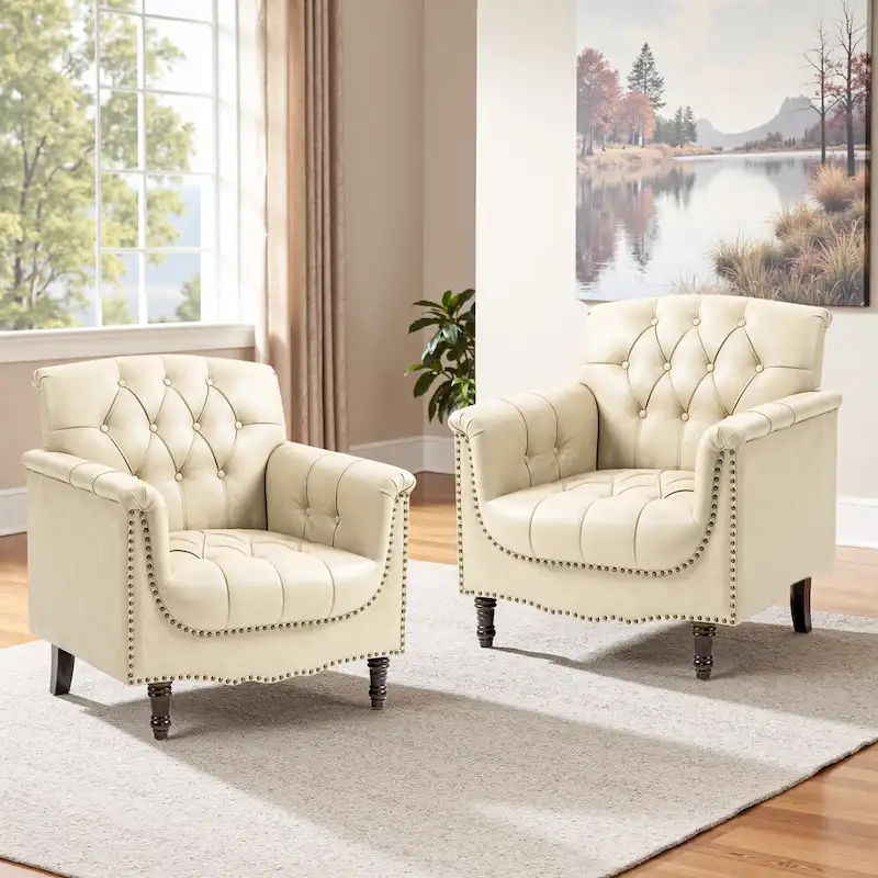 Tufted Vegan Leather Accent Chairs Set of 2, Armchair with Nailhead Trim