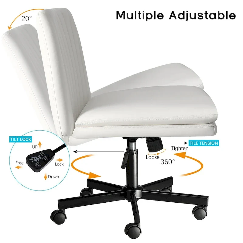 Bossin Criss Cross Chair with Wheels,PU Leather Armless Cross Legged Office chair, Adjustable Wide Seat Task Vanity Chair