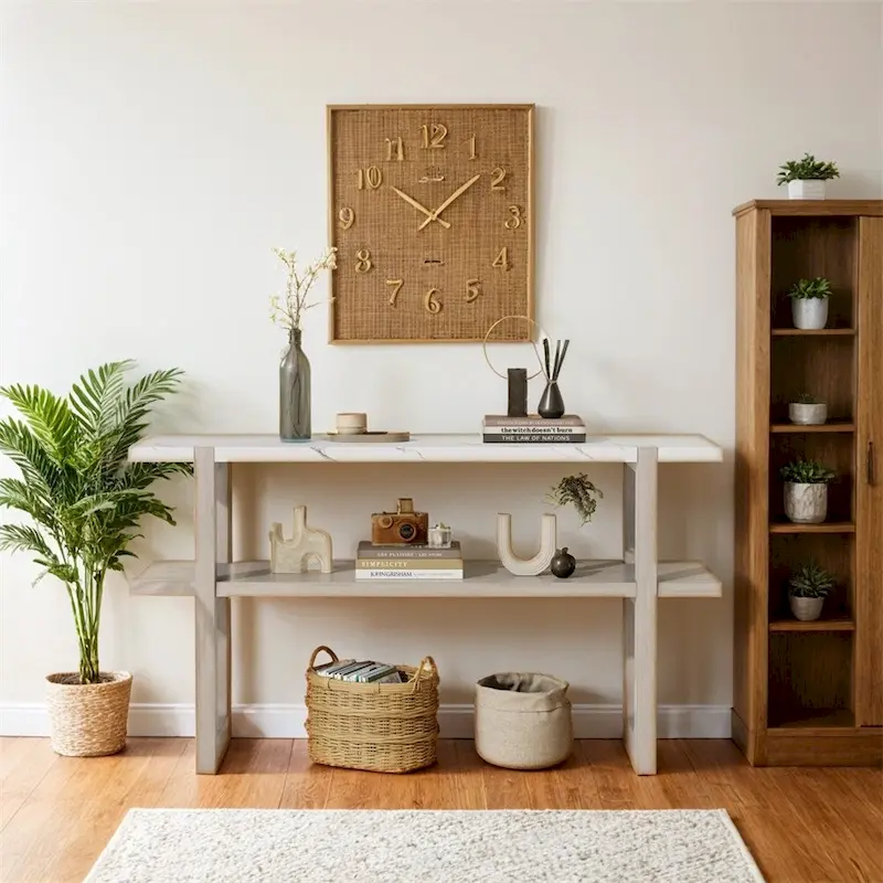 Retro Elegant Console Table with Marble-Effect Top & Versatile Storage