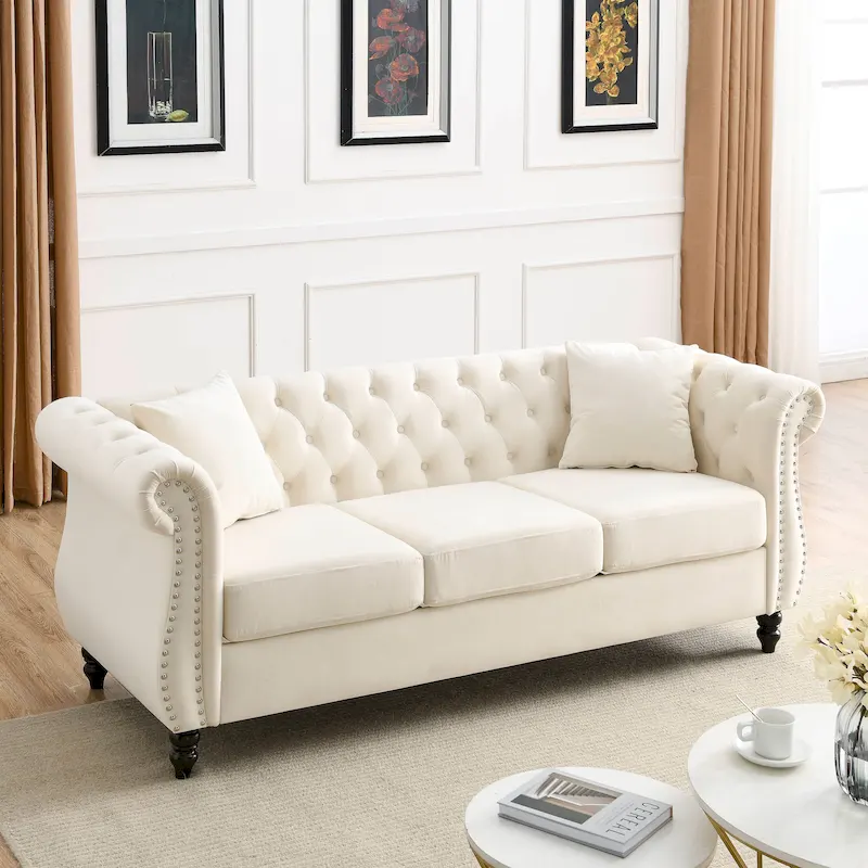 Beige Velvet Chesterfield 3 Seater Sofa with Rolled Arms, Nailhead Trim, 2 Pillows