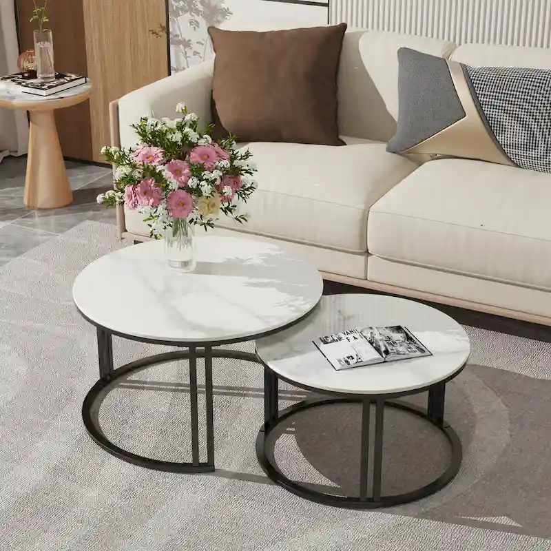 2X Round Nested Coffee Table SinteredStone Top Metal Tables - 27x16