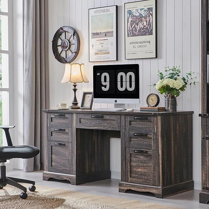 60 Farmhouse Executive Desk, Wood Home Office Desk, Computer Desk