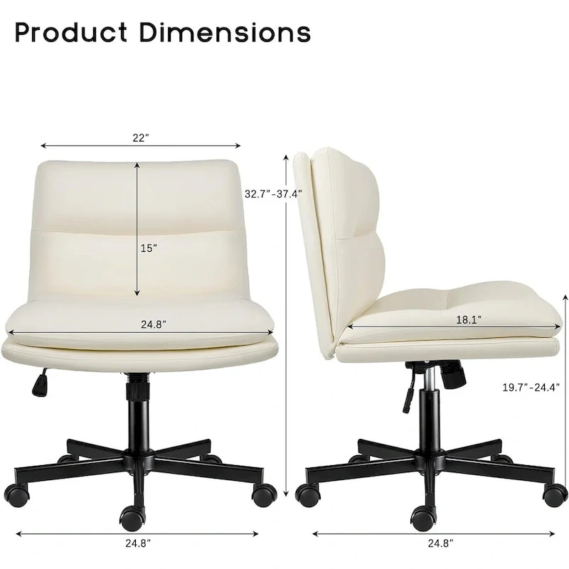 Bossin Criss Cross Chair with Wheels,PU Leather Armless Cross Legged Office chair, Adjustable Wide Seat Task Vanity Chair