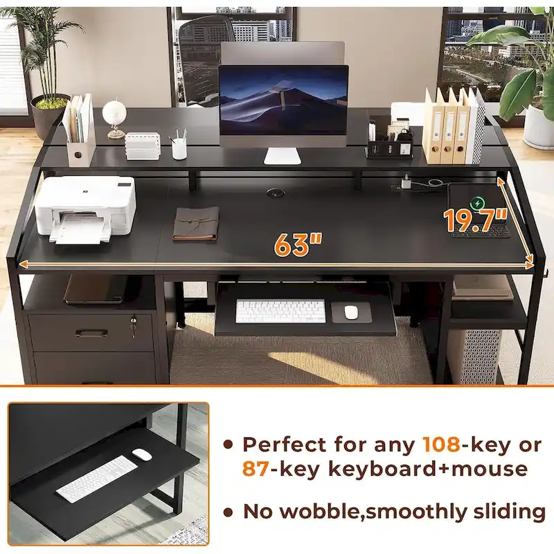 LED Computer Desk With Lock Drawers Keyboard Tray Power Outlet