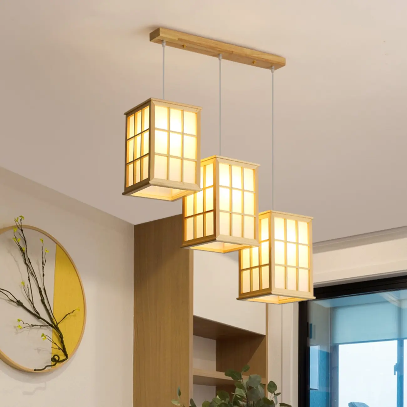 3 Light Island Pendant Light in Natural Wood with Rectangular Shape