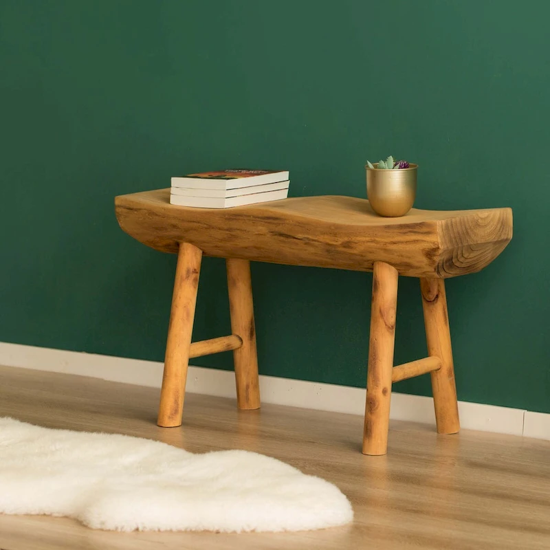 Rustic Carved Wood Natural Edge Entryway Log Accent Bench