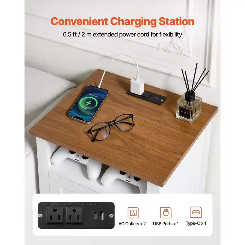Farmhouse Nightstands, with Charging Station, Set of 2, End Tables with 2 Drawers and Open Shelf