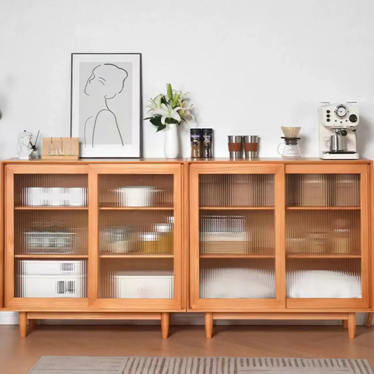 Modern Walnut Sideboard with Glass Doors and Storage