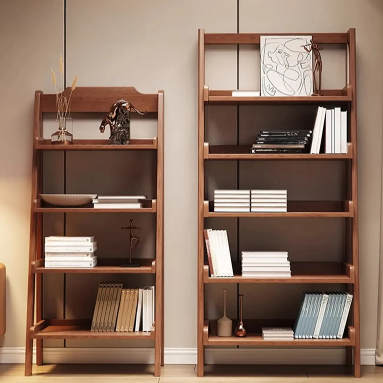 Mid-Century Modern Walnut Wood Multi-tier Ladder Bookshelves