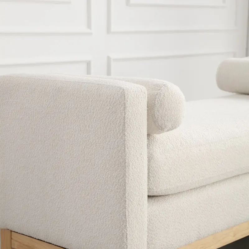 53.5W Elegant Boucle Upholstered Bench, Ottoman with Wood Legs & Bolster Pillows