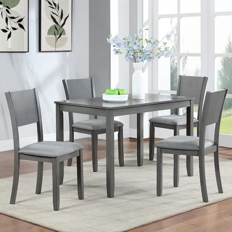 5 Pcs Kitchen Dining Table and Chair Set, Rectangular Wooden Dining Table with 4 Upholstered High Back Chairs and 1 Bench