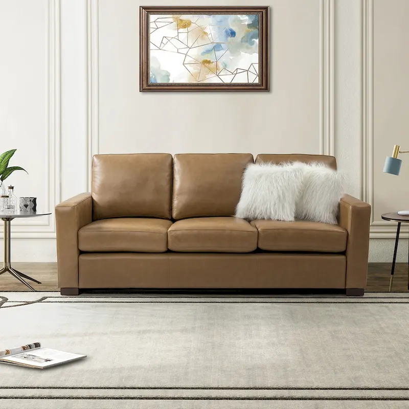 Ernando 83.46 Wide Genuine Leather Sofa with Squared Arms and Pillows
